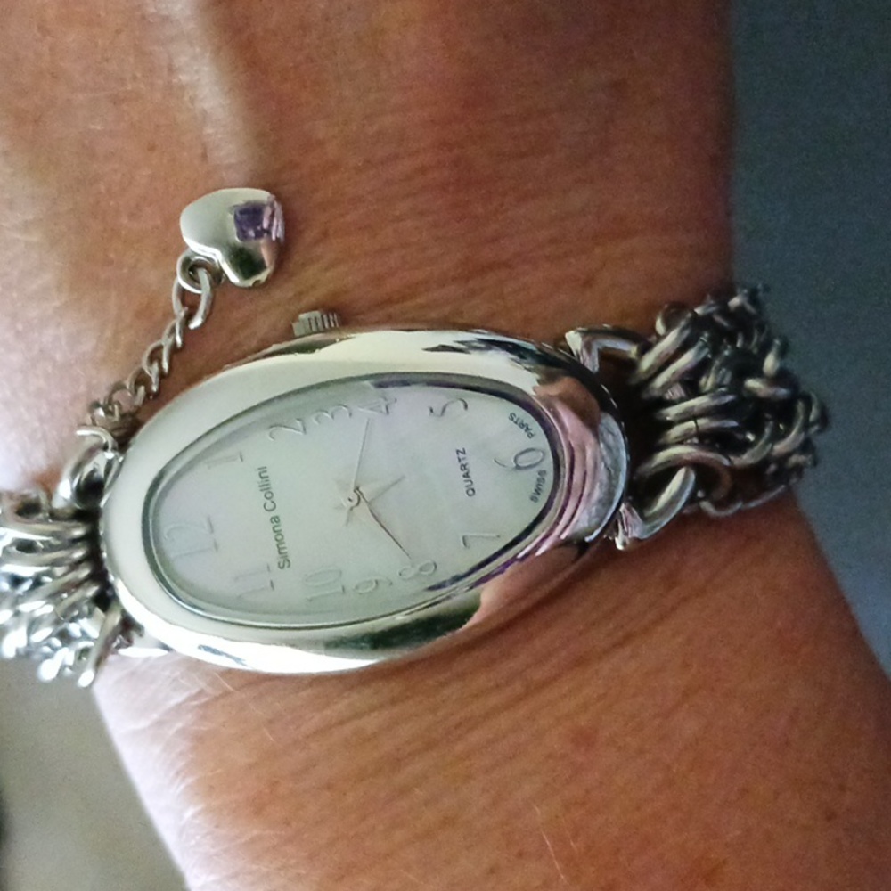 Simona Collini Quartz Watch w/heart charm, Stainless Steel with Quartz Movements